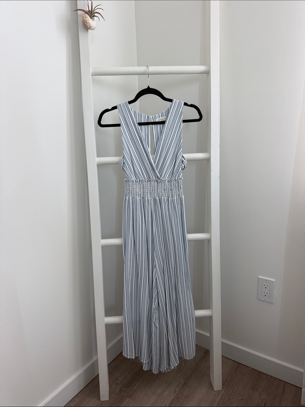 Sleeveless Blue and White Striped V-Neck Romper